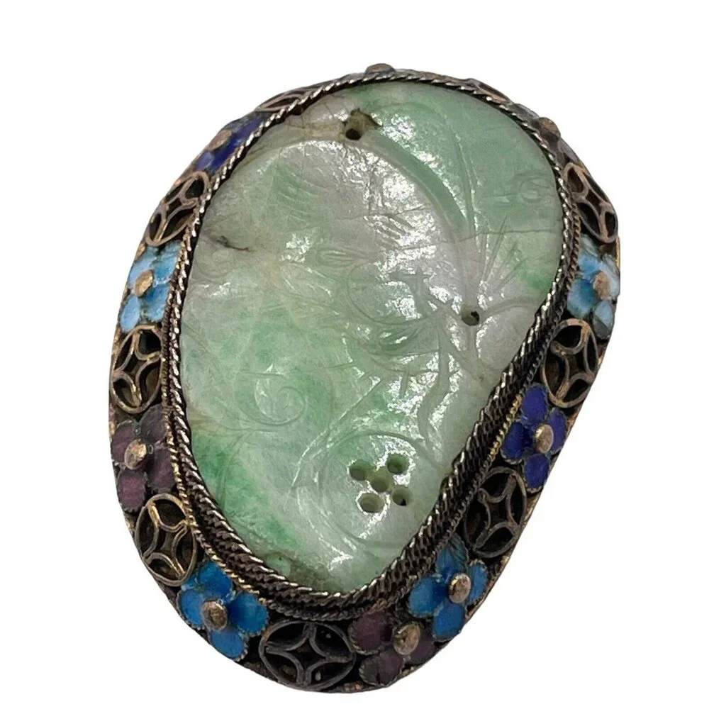 Sterling Silver 925 Carved Jade Enameled Brooch‎ Pin VTG Chinese Asian Flowers